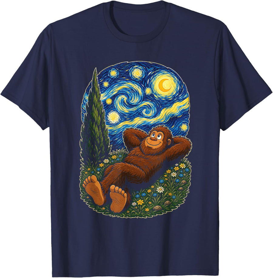 Bigfoot Starry Sky Painting Sasquatch Art Cute Cartoon T-Shirt - Navy Blue