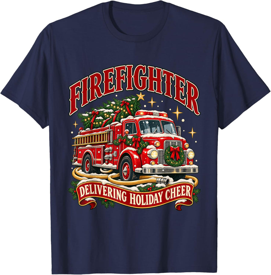 Firefighter Delivering Holiday Cheer Christmas Fire Truck T-Shirt - Navy Blue