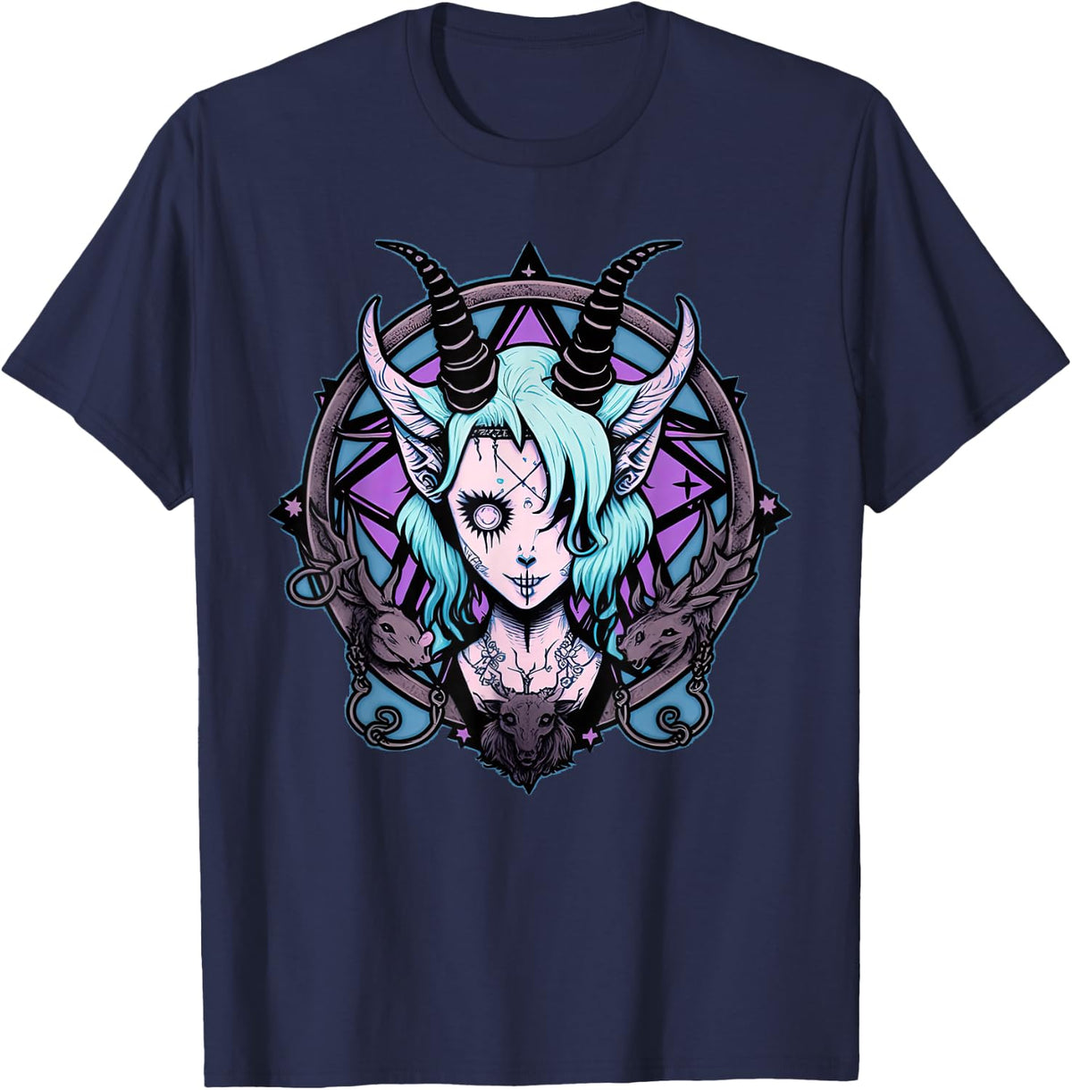 Kawaii Paste Scary Goat Pentacle T-Shirt - Navy Blue