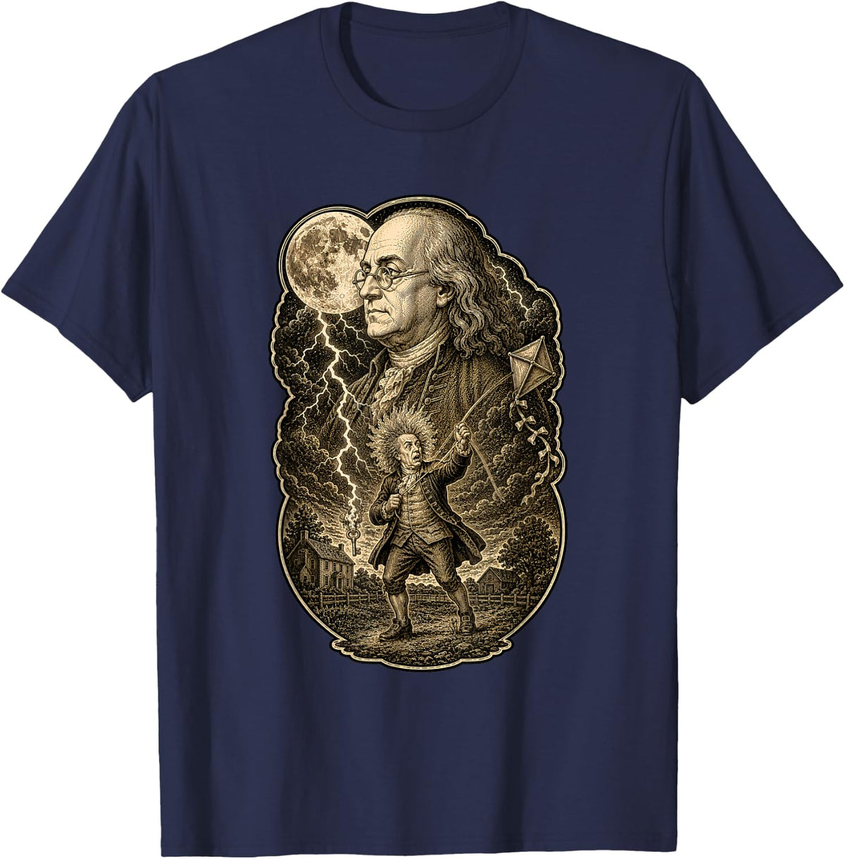 Funny Ben Franklin Kite Lightning Founding Father Graphic T-Shirt - Navy Blue