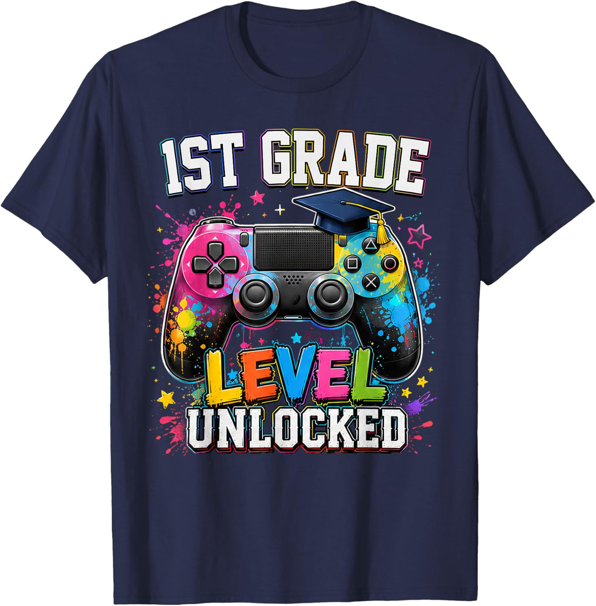 1st Grade Level Unlocked Gamer Boys First Day Back to School T-Shirt - Navy Blue