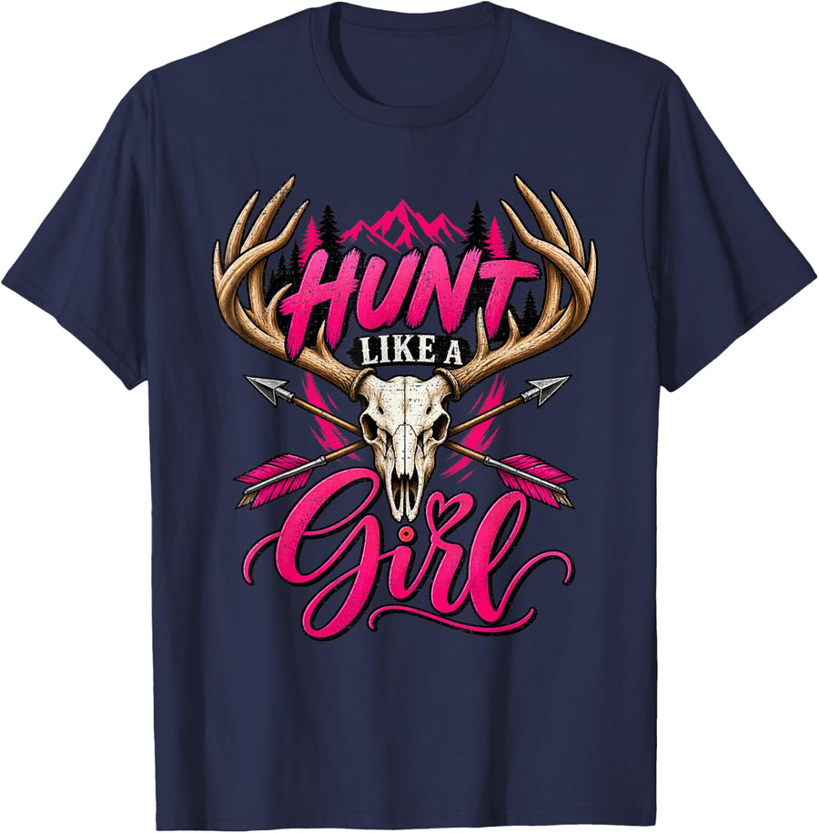 Hunt Like A Girl Deer Skull Antlers Crossed Arrows Bowhunter T-Shirt - Navy Blue