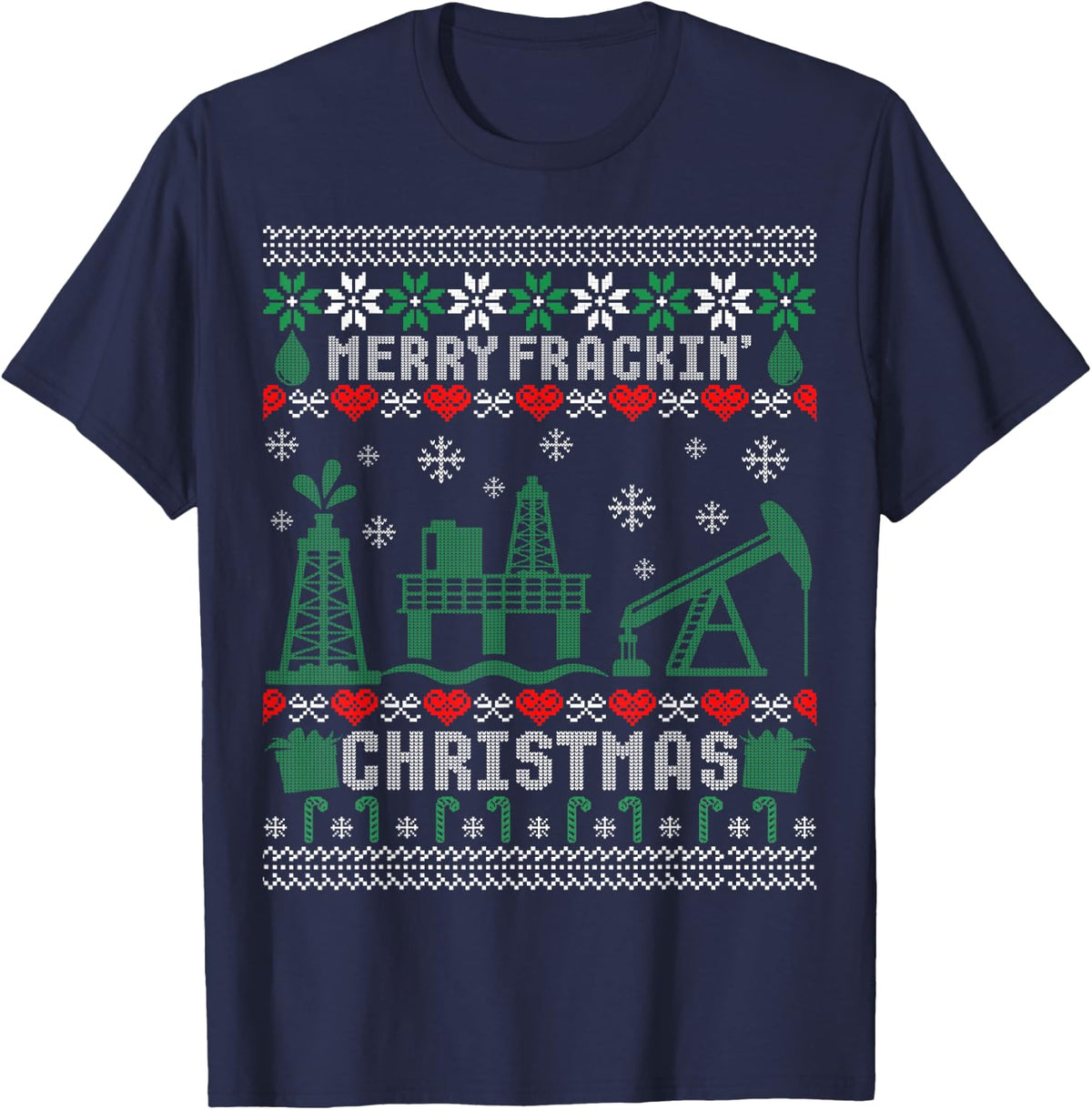 Oilfield Merry Frackin Christmas Ugly Sweater T-Shirt - Navy Blue