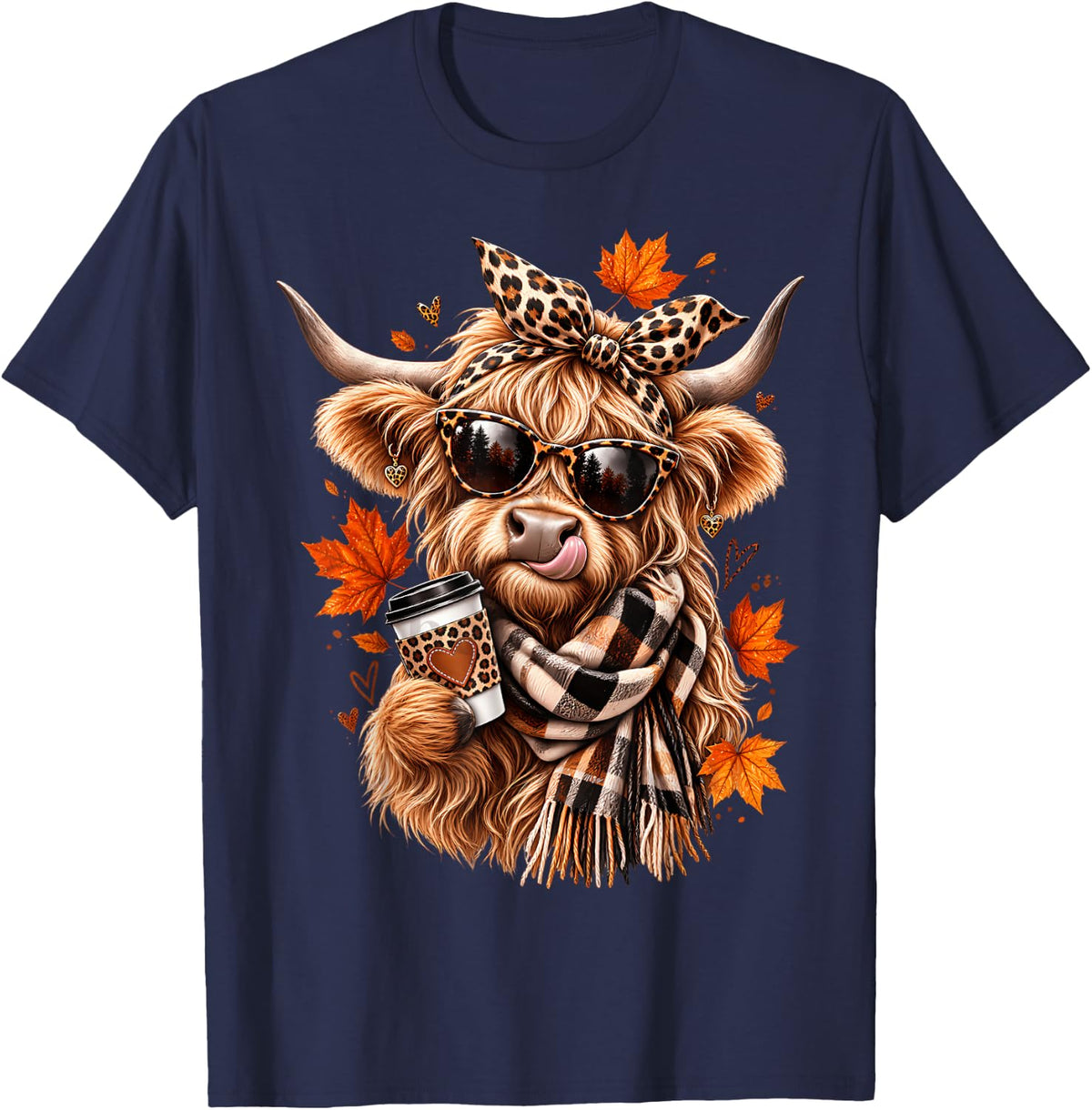 Cute Highland Cow Leopard Bow Fall Autumn for Women T-Shirt - Navy Blue