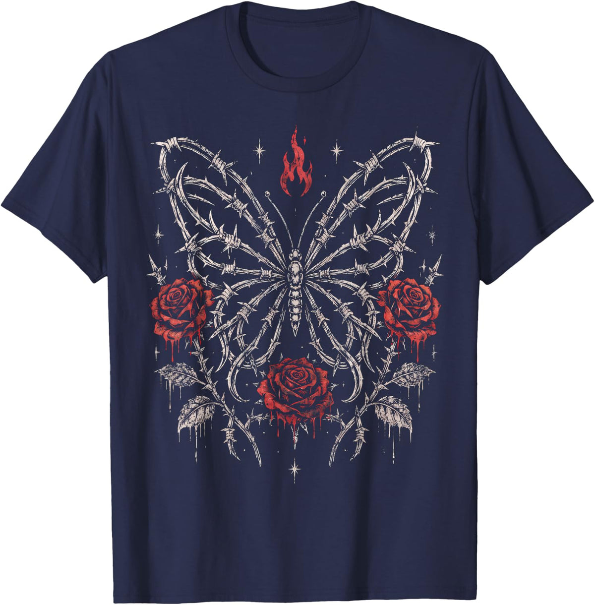 Barbed Butterfly Gothic Roses Dark Aesthetic Punk T-Shirt - Navy Blue