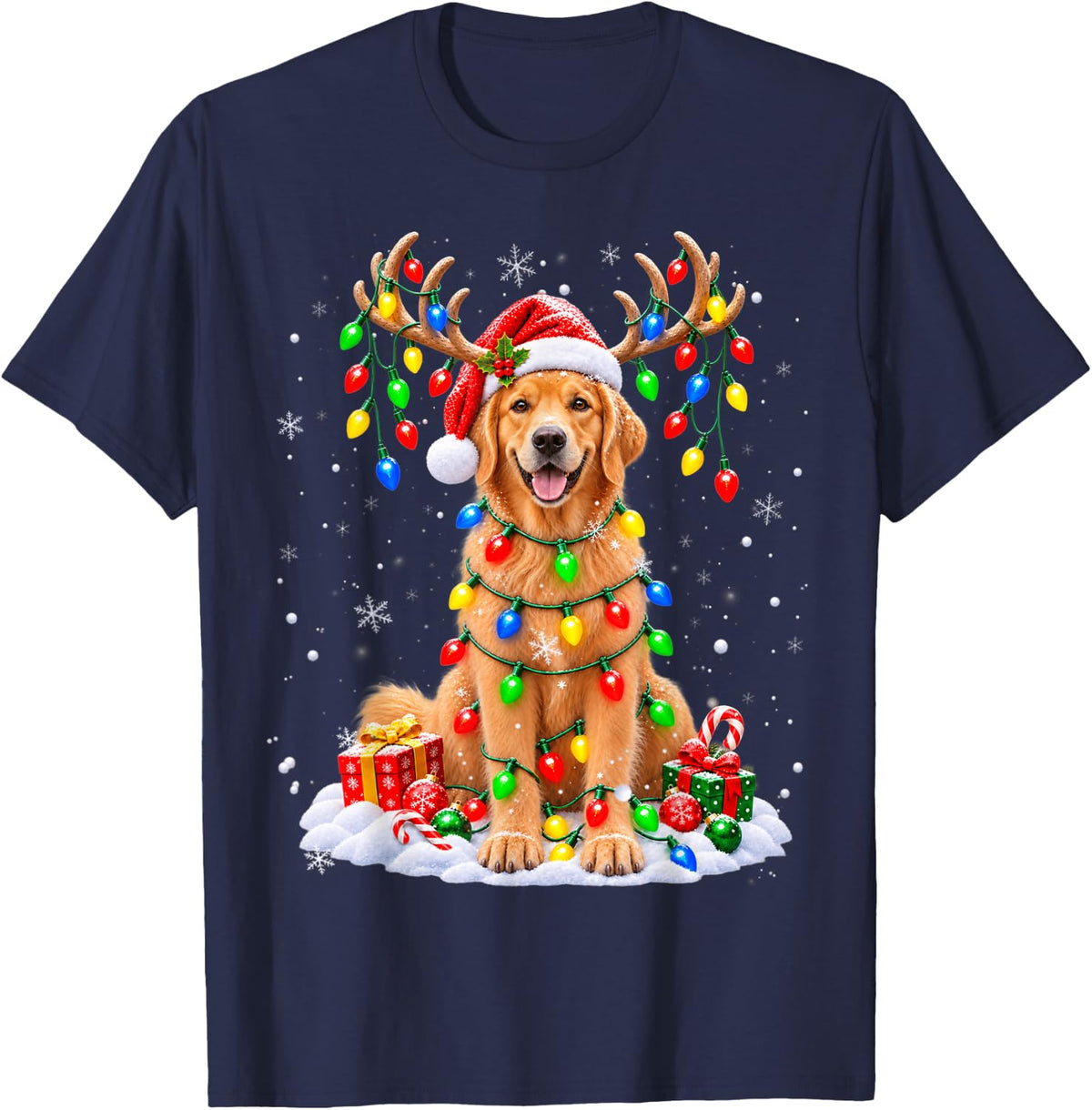 Funny Golden Retriever Christmas Dog Reindeer Lights T-Shirt - Navy Blue