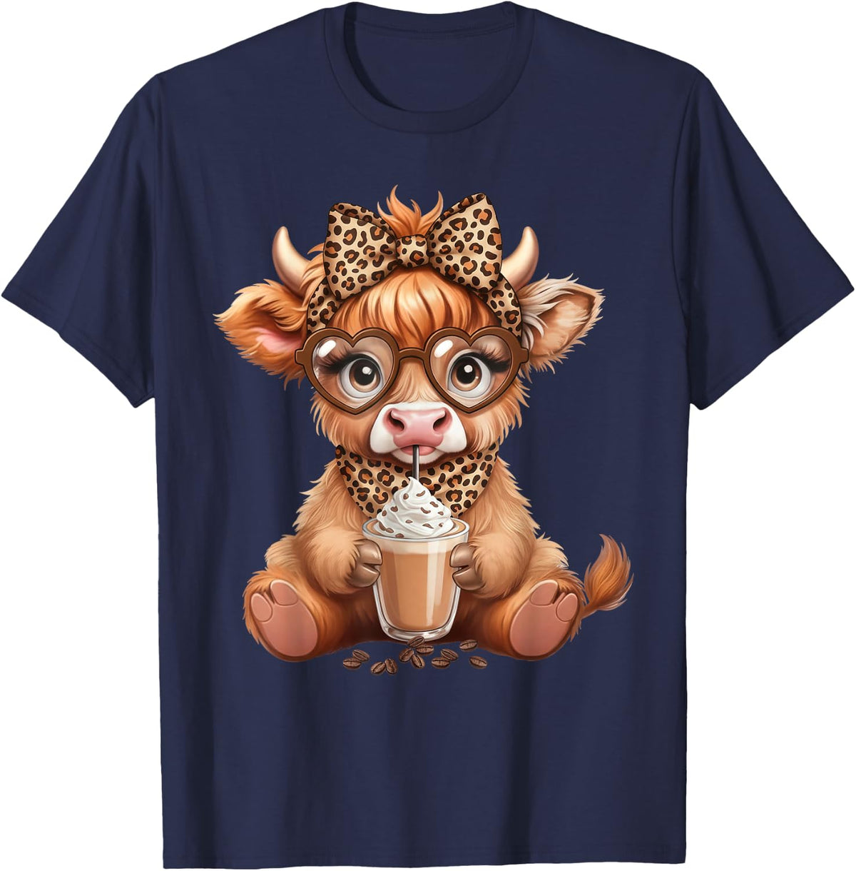 Cute Highland Cow Coffee Latte Lover Leopard Bow Glasses Tee T-Shirt - Navy Blue