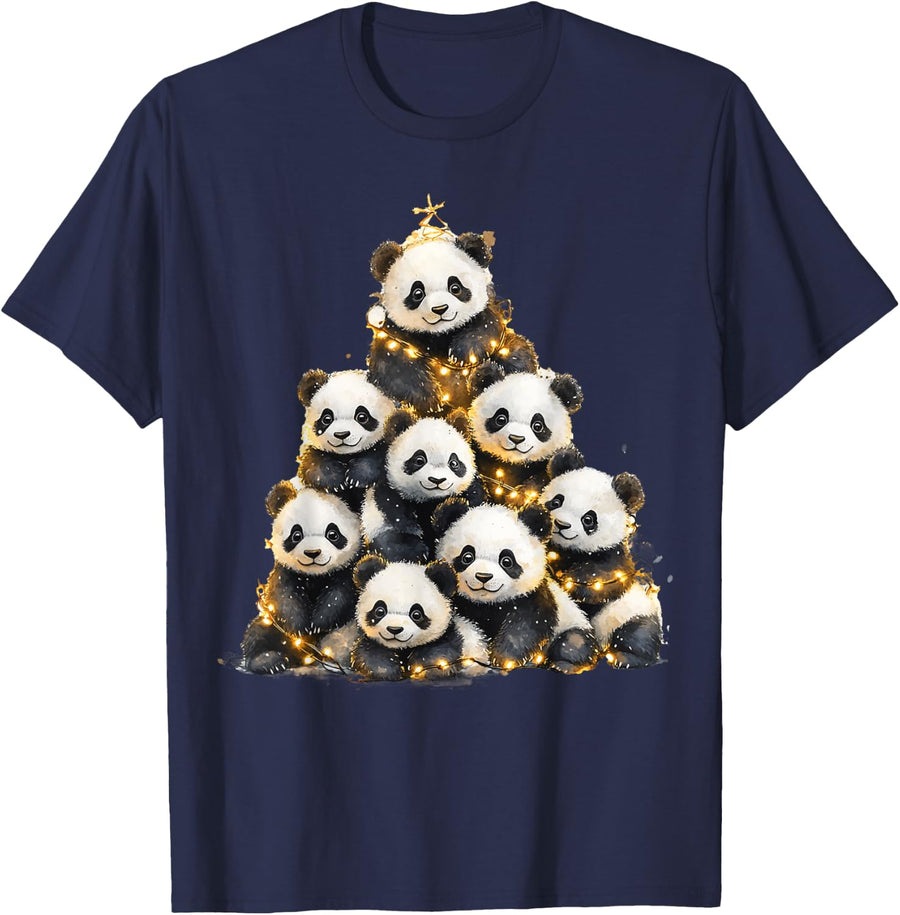 Panda Christmas Tree Lights Pajama Panda Lover Xmas T-Shirt - Navy Blue