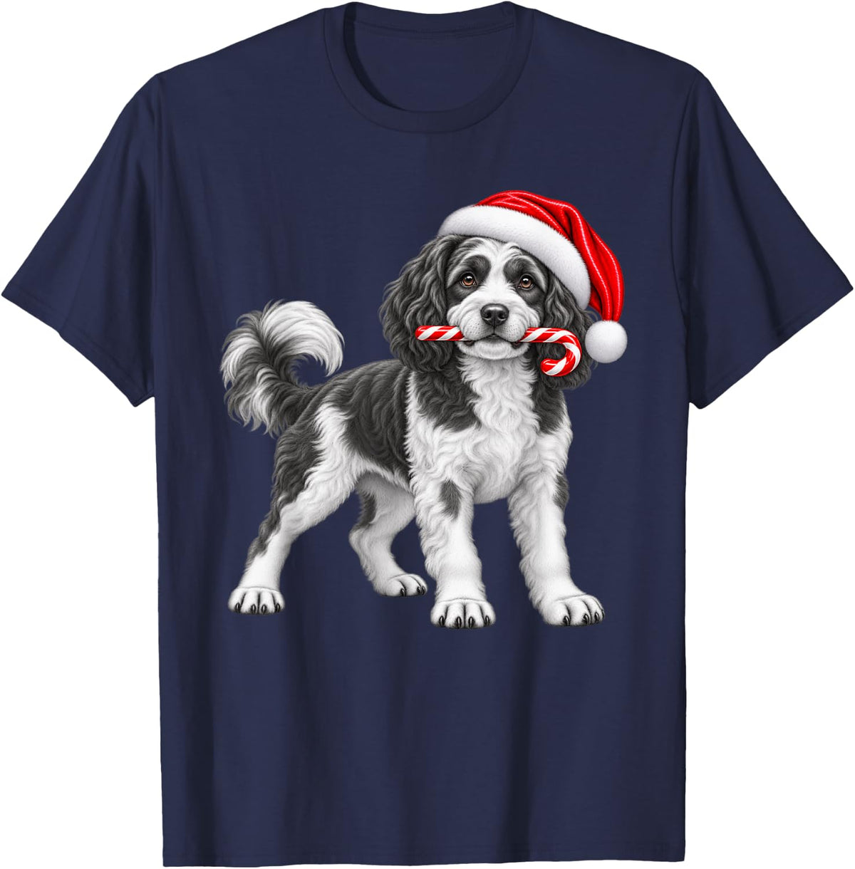 Cavapoo Dog Christmas Santa Hat Candy Cane Xmas Dog T-Shirt - Navy Blue