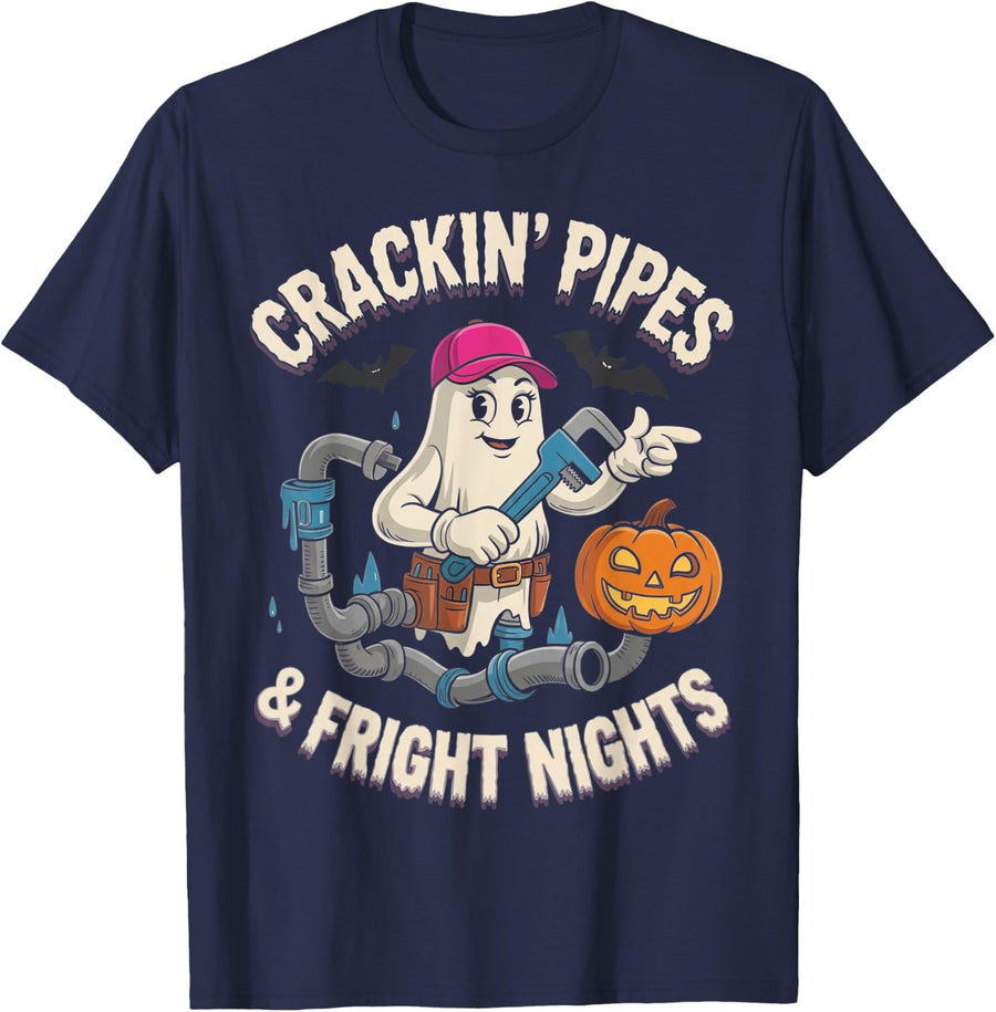 Woman Plumber Female Halloween Plumbing Ghost Pipes Girls T-Shirt - Navy Blue