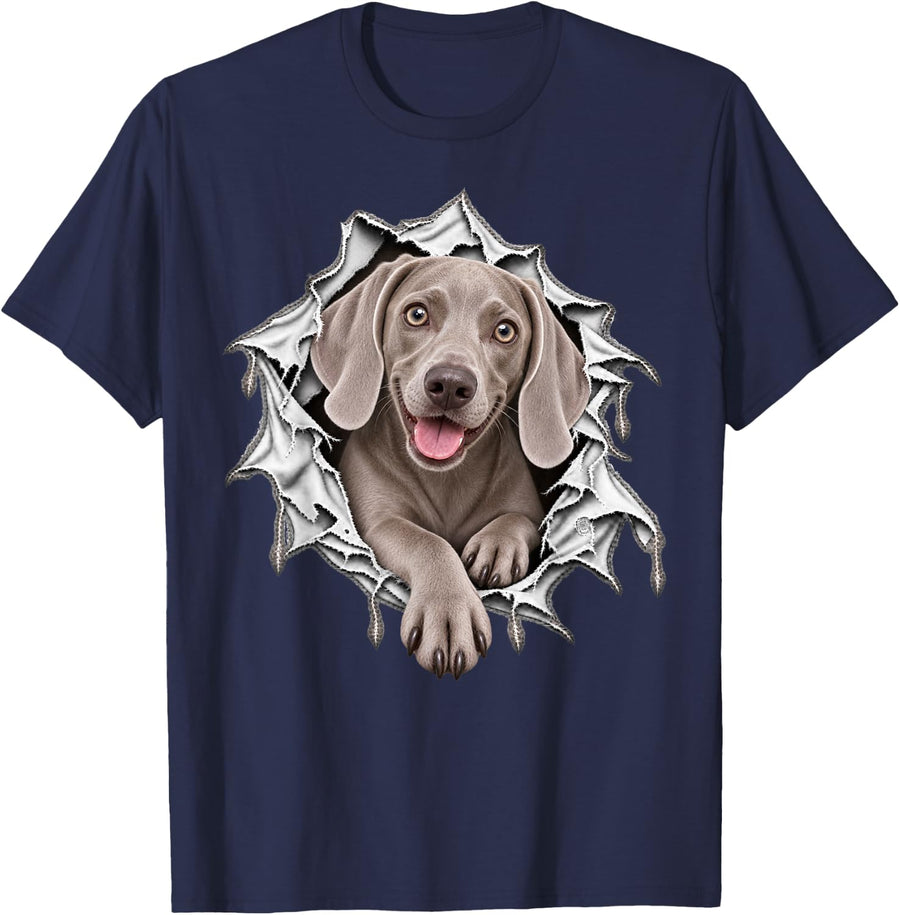 Cute Weimaraner Dog Stepping Out from Ripped Design T-Shirt - Navy Blue