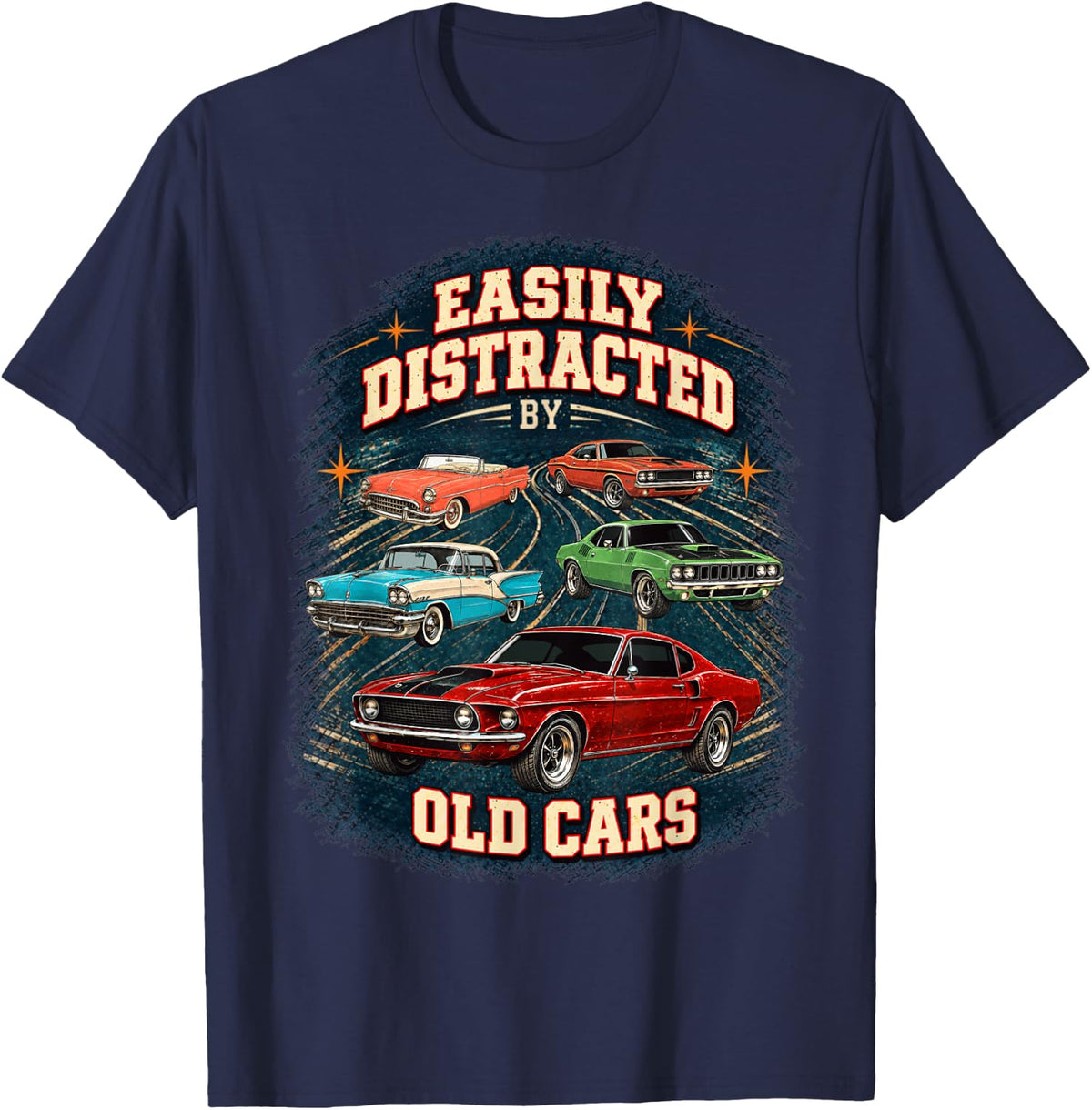 Easily Distracted By Old Cars Retro Red Fastback Classics T-Shirt - Navy Blue