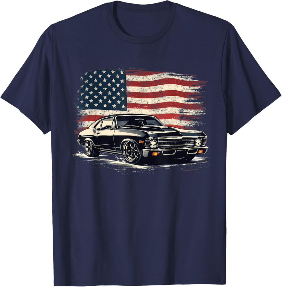 Retro Compact Muscle Car Classic Street Car Enthusiast T-Shirt - Navy Blue