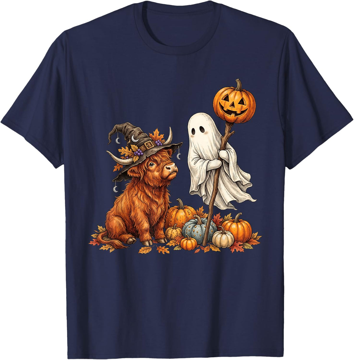 Highland Cow Ghost Fall Autumn Pumpkin Spooky Halloween T-Shirt - Navy Blue