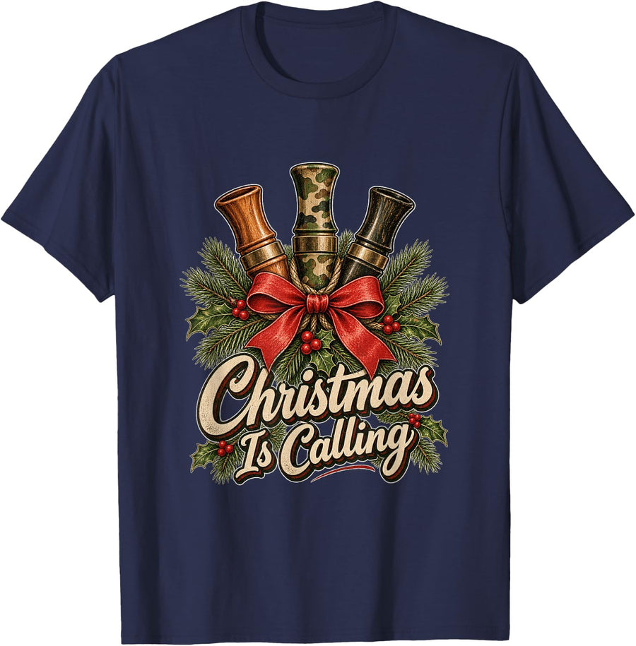 Duck Calls Red Bow Pine Holly is Calling Hunting Christmas T-Shirt - Navy Blue
