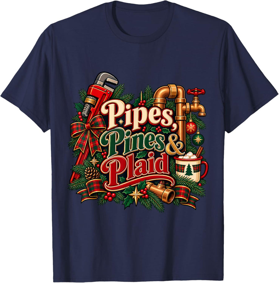 Christmas Plumber - Pipes, Pines & Plaid T-Shirt - Navy Blue