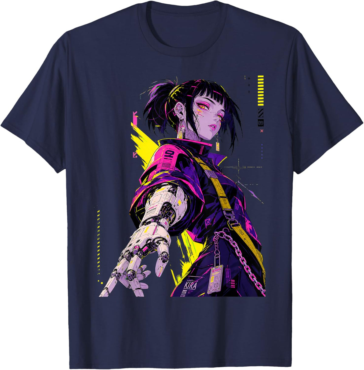Cyberpunk Girl with Robotic Hand Illustration T-Shirt - Navy Blue