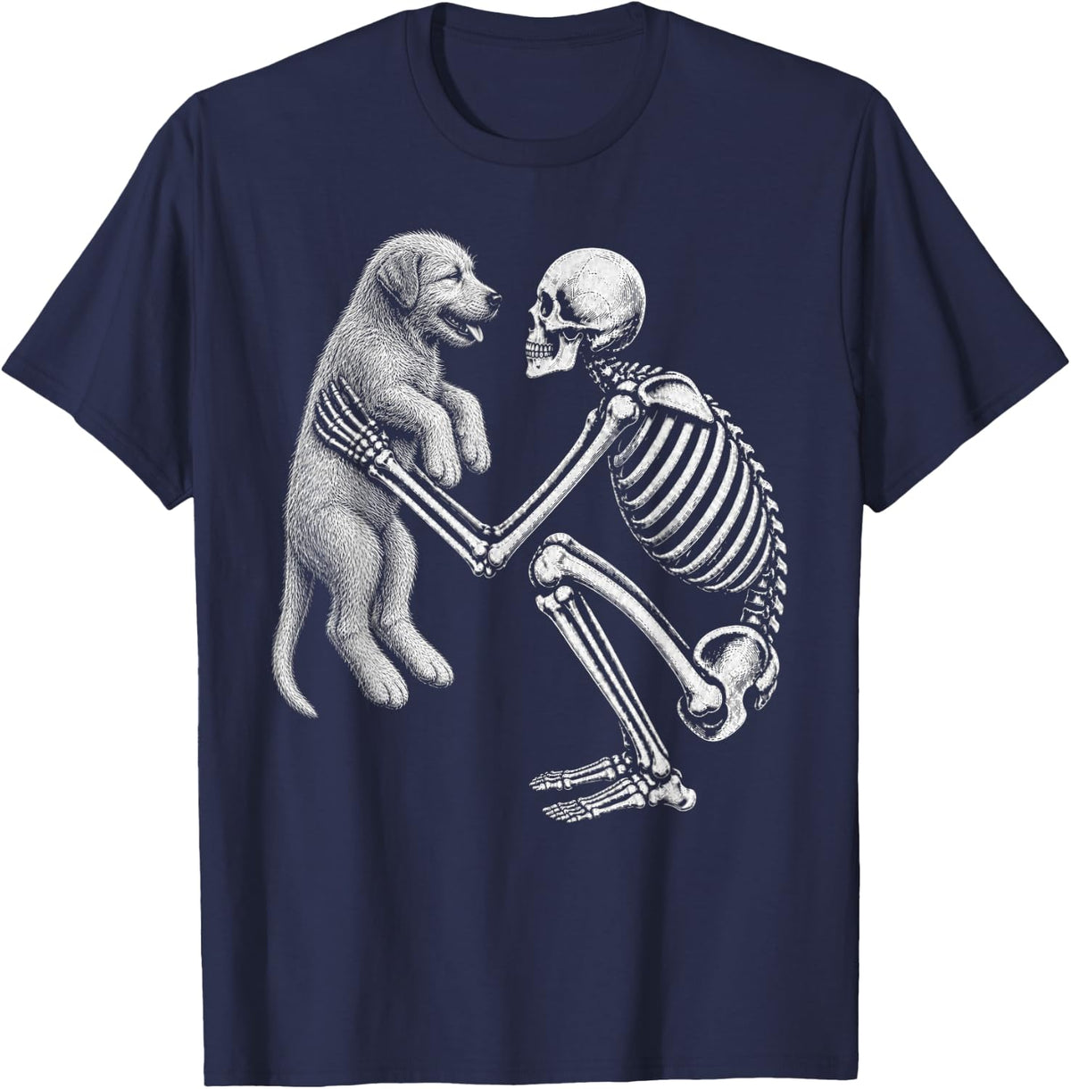 Skeleton Holding Irish Wolfhound Retro Halloween Dog T-Shirt - Navy Blue