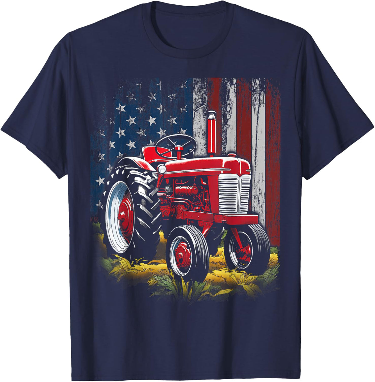 Patriotic Tractor American Flag Tractor Farmer Farm Men Boys T-Shirt - Navy Blue