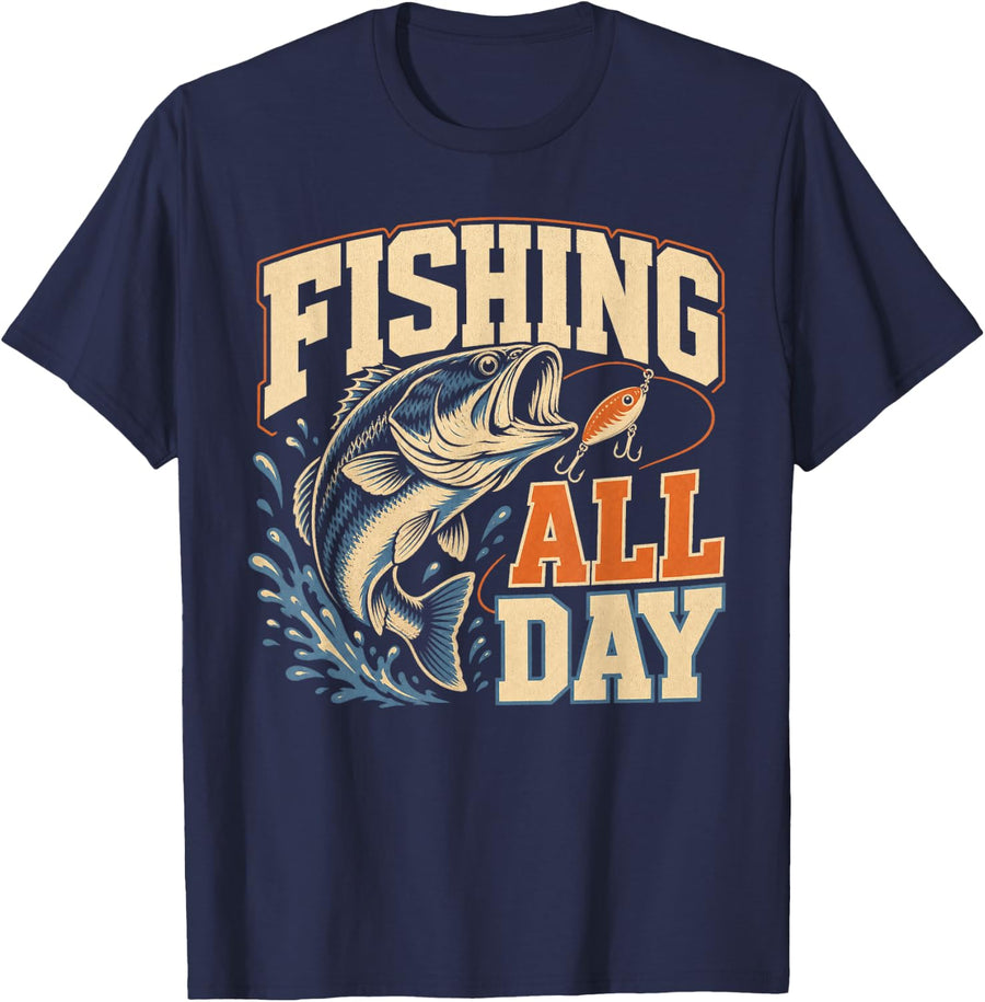 Fishing All Day Bass Angler Freshwater Lure T-Shirt - Navy Blue