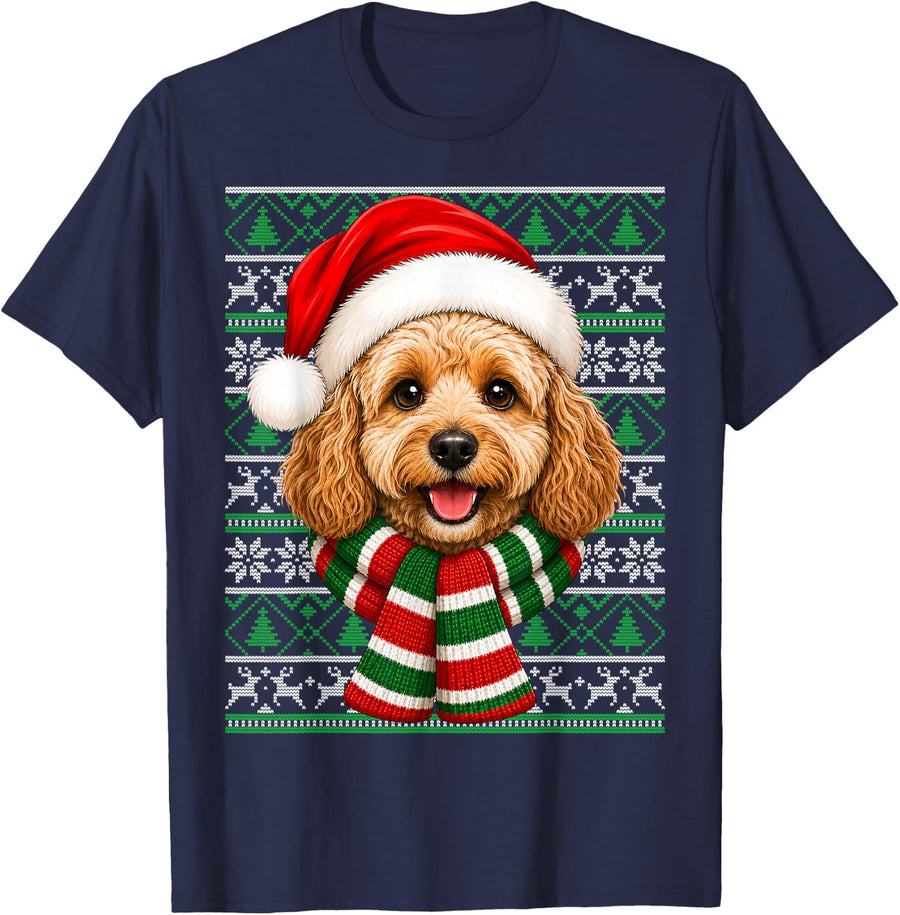 Cockapoo Dog Christmas Santa Hat Ugly Sweaters Xmas T-Shirt - Navy Blue