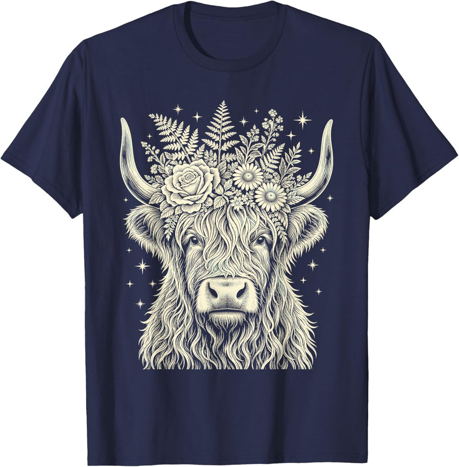 Highland Cow Wildflower Crown Cow Lover T-Shirt - Navy Blue