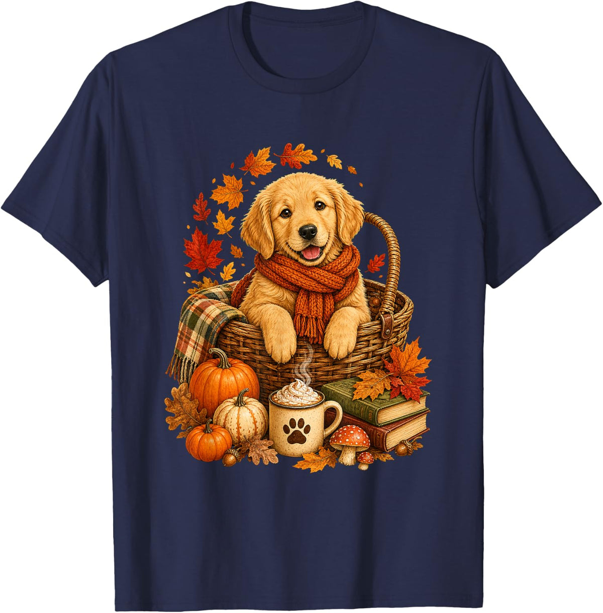 Cozy Golden Retriever Autumn Dog Lover Fall T-Shirt - Navy Blue