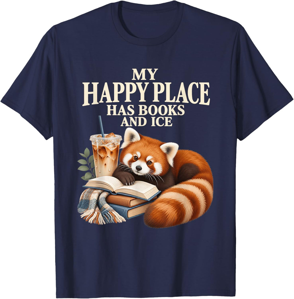 Red Panda Book Lover Reading Iced Coffee Cozy Happy Place T-Shirt - Navy Blue