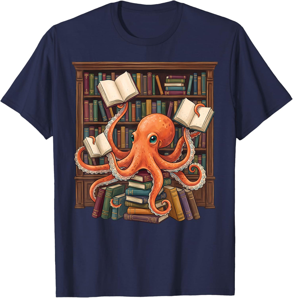 Octopus Book Reading Book Reader Funny Ocean Animal T-Shirt - Navy Blue