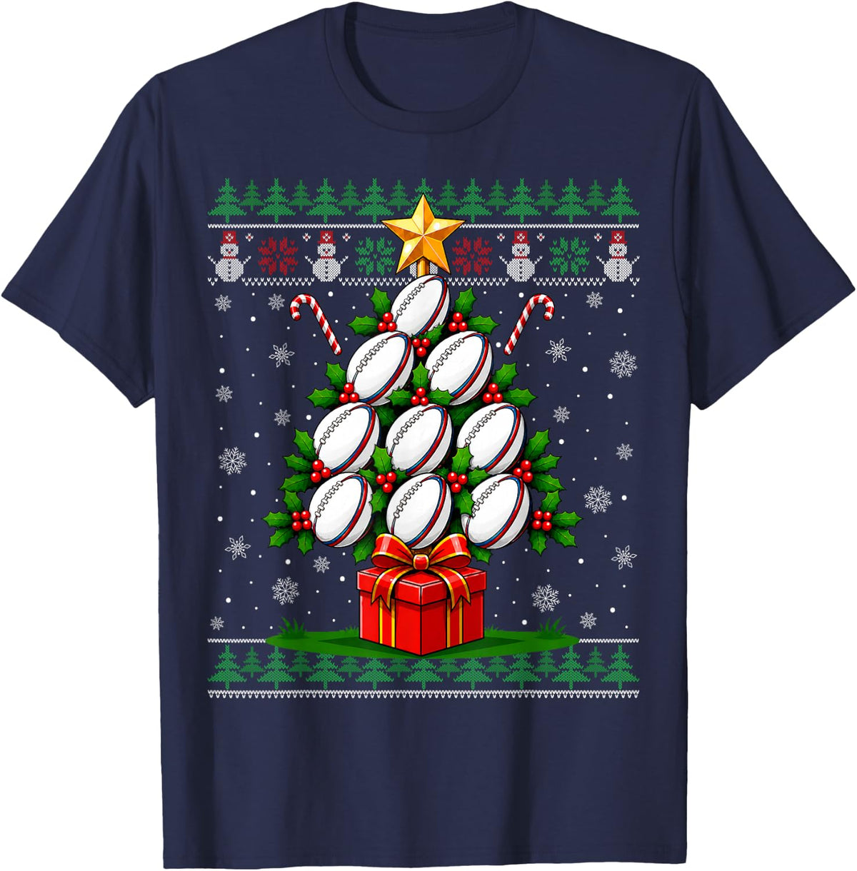 Xmas Ugly Sweaters Festive Sports Rugby Ball Christmas Tree T-Shirt - Navy Blue