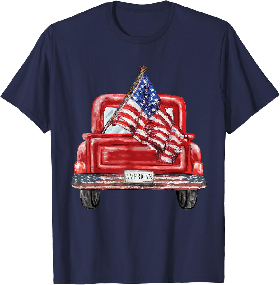 4th of July Red Truck American Flag Independence Day USA T-Shirt - Navy Blue