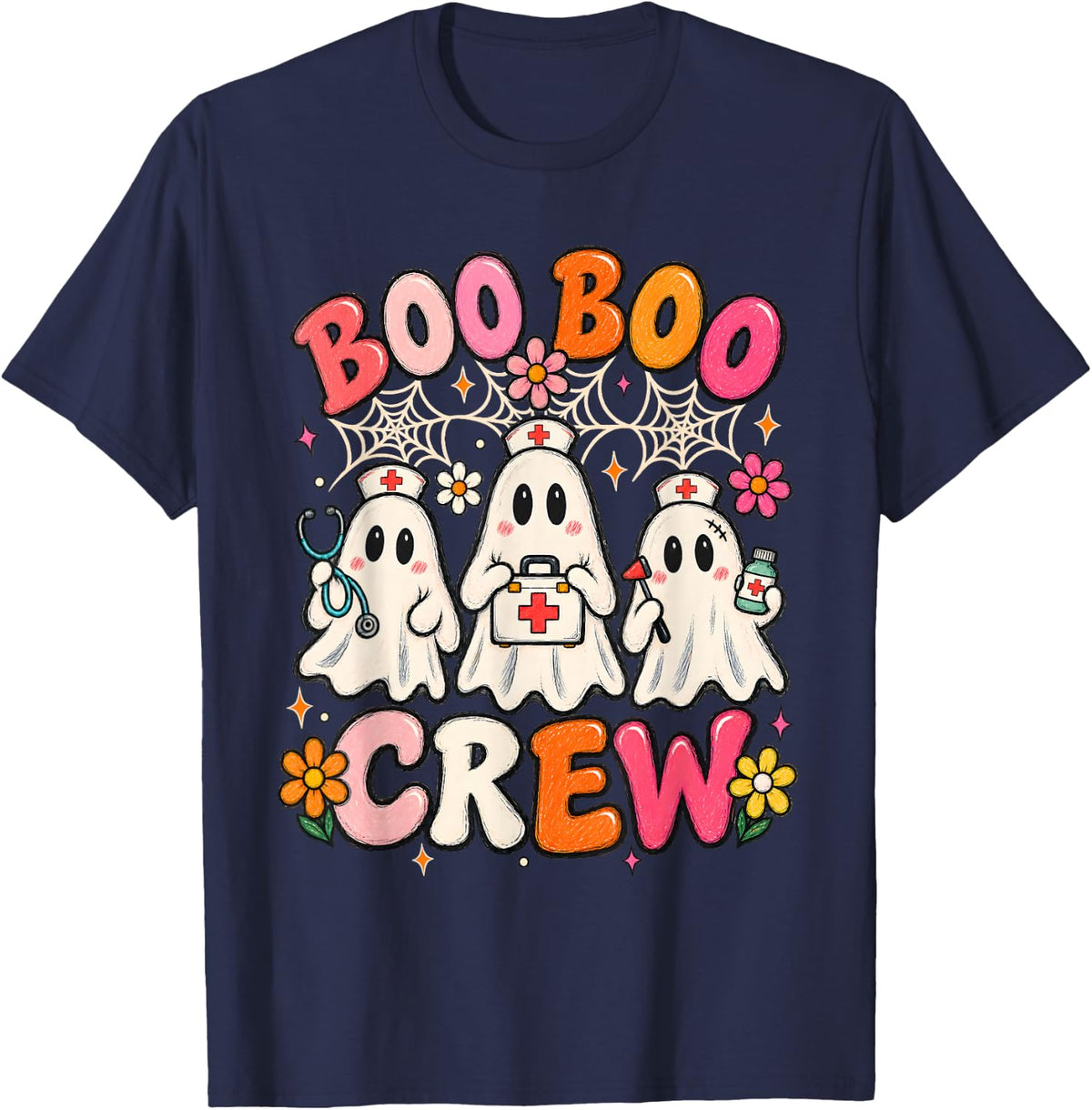 Spooky Boo Boo Crew Nurse Ghost Nursing Halloween Graphic T-Shirt - Navy Blue