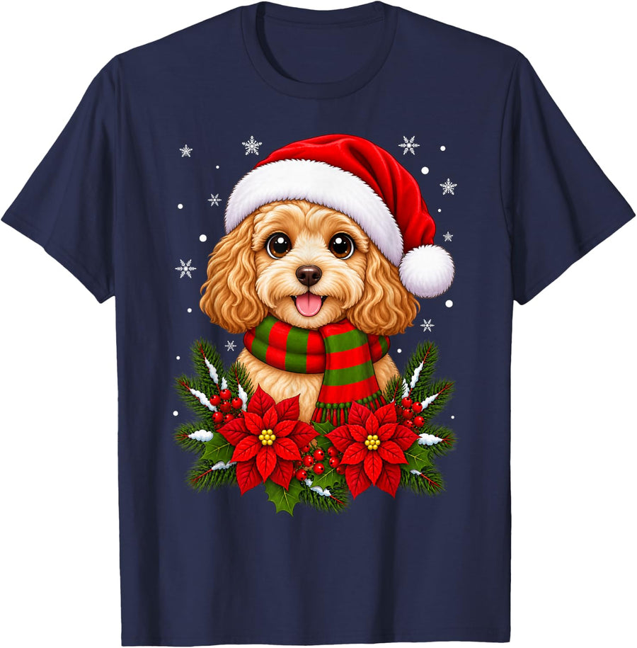 Cute Festive Flowers Santa Hat Cockapoo Dog Christmas T-Shirt - Navy Blue