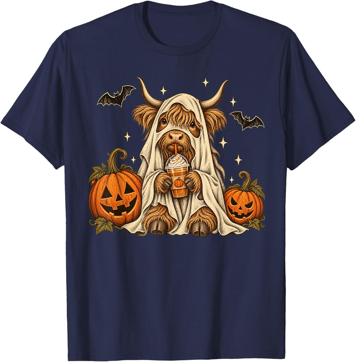 Halloween Highland Cow Ghost Cute Spooky Lover T-Shirt - Navy Blue