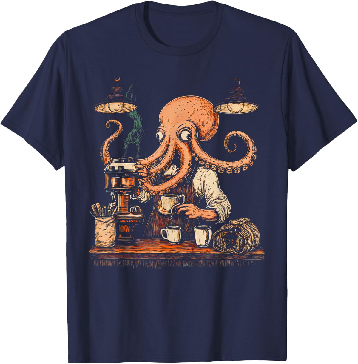 Vintage 90s Cool Octopus Barista Funny Caffeine Coffee Lover T-Shirt - Navy Blue