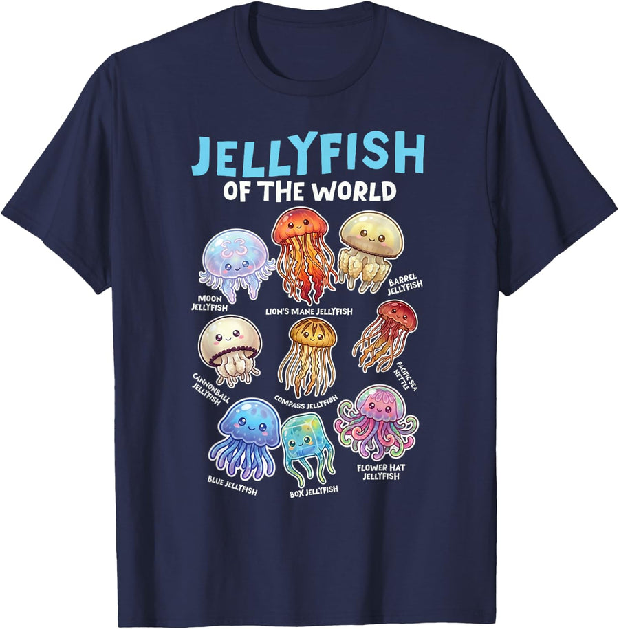 Jellyfish of The World Marine Biology Cute Kawaii Jellyfish T-Shirt - Navy Blue