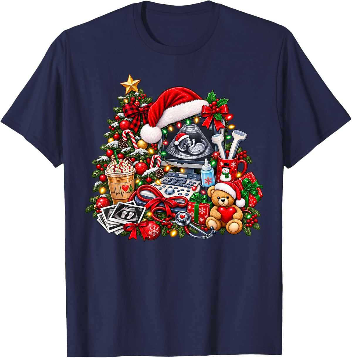 Christmas Sonographer Ultrasound Tech Christmas Technologist T-Shirt - Navy Blue