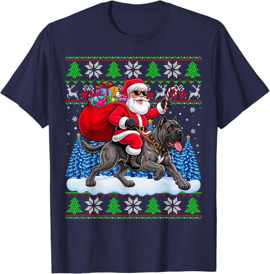 Ugly Christmas Santa Riding Cane Corso Kids Girls Boys Xmas T-Shirt - Navy Blue