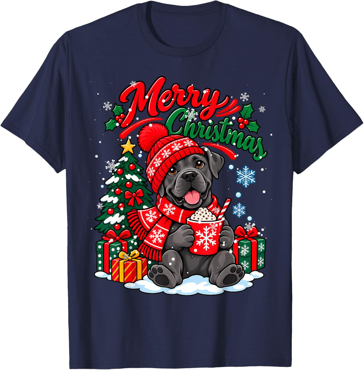 Cute Cane Corso Dog Drink Hot Cocoa Christmas Xmas T-Shirt - Navy Blue