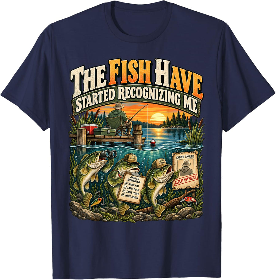 Fish Recognize Me Funny Bass Fishing Angler Humor T-Shirt - Navy Blue