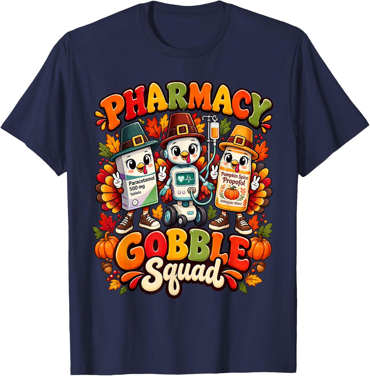Pharmacy Tech Gobble Squad Turkey Stethoscope Thanksgiving T-Shirt - Navy Blue