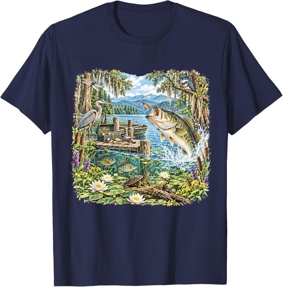 Largemouth Bass Fishing Lake Wildlife Freshwater Angler T-Shirt - Navy Blue