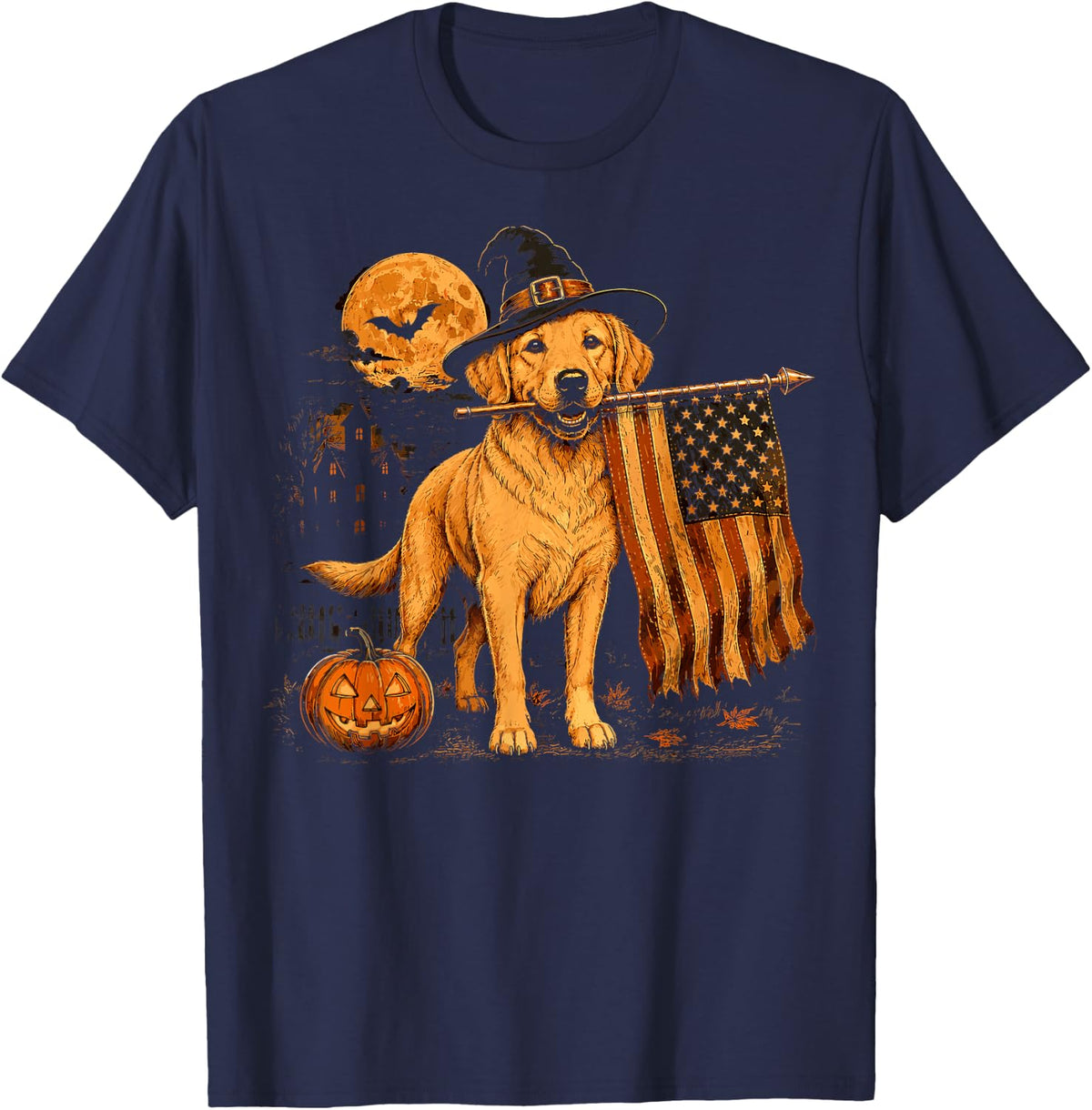 Halloween Golden Retriever Dog Vintage USA Flag Halloween T-Shirt - Navy Blue