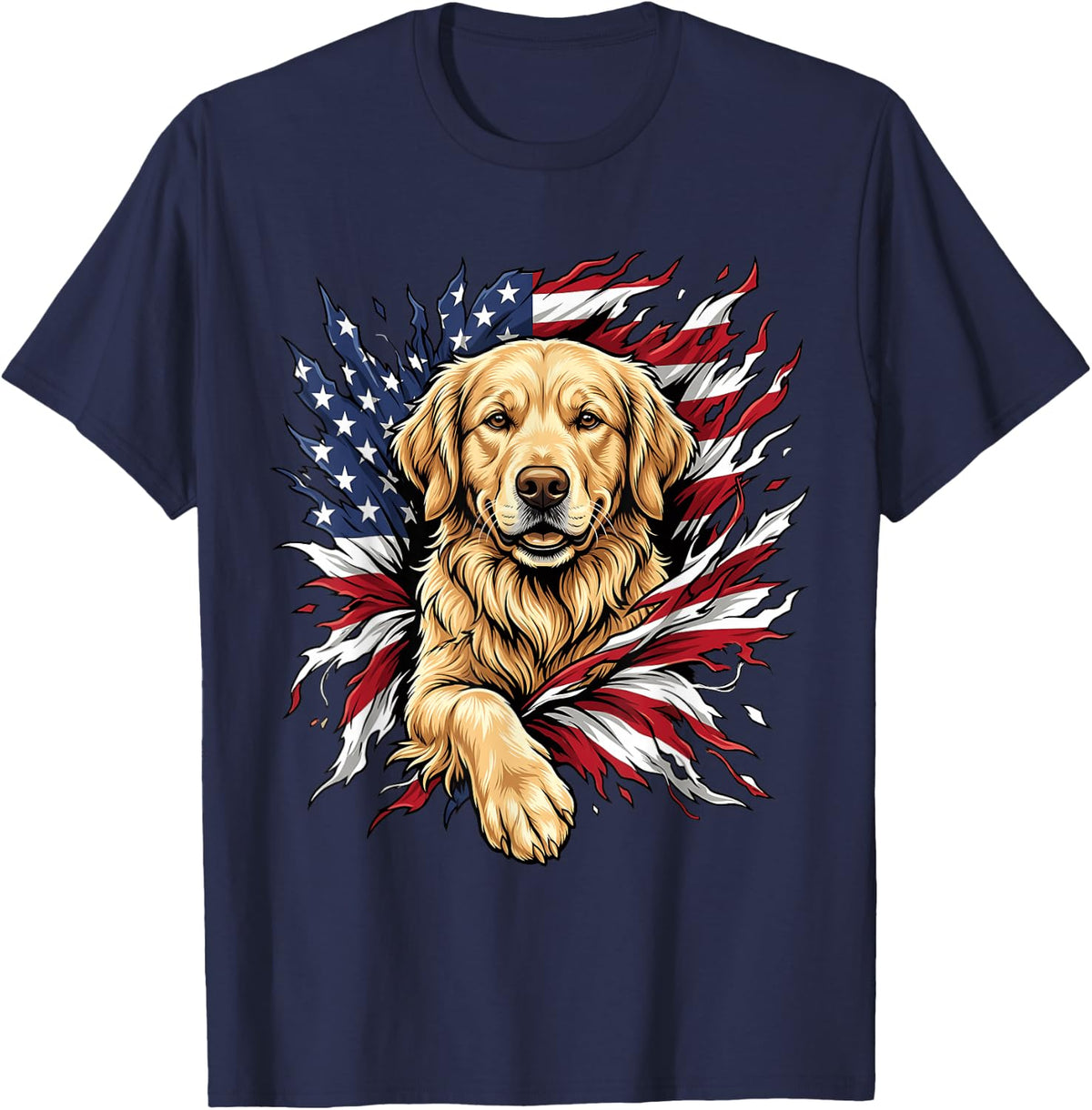 Golden Retriever Dog 4th of July American Flag T-Shirt - Navy Blue