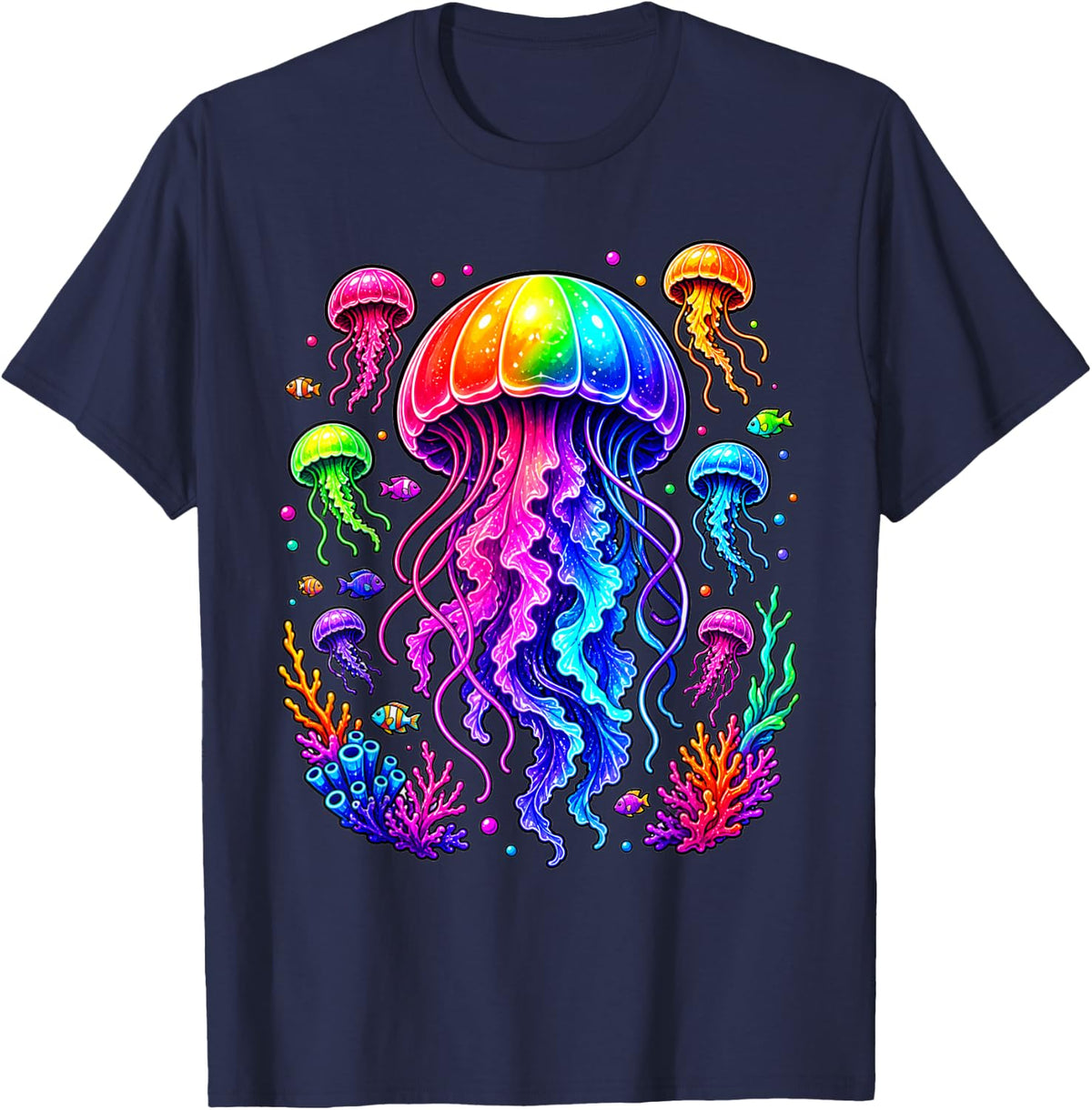 Jellyfish Ocean Animal Scuba Diving Rainbow Jelly Fish T-Shirt - Navy Blue