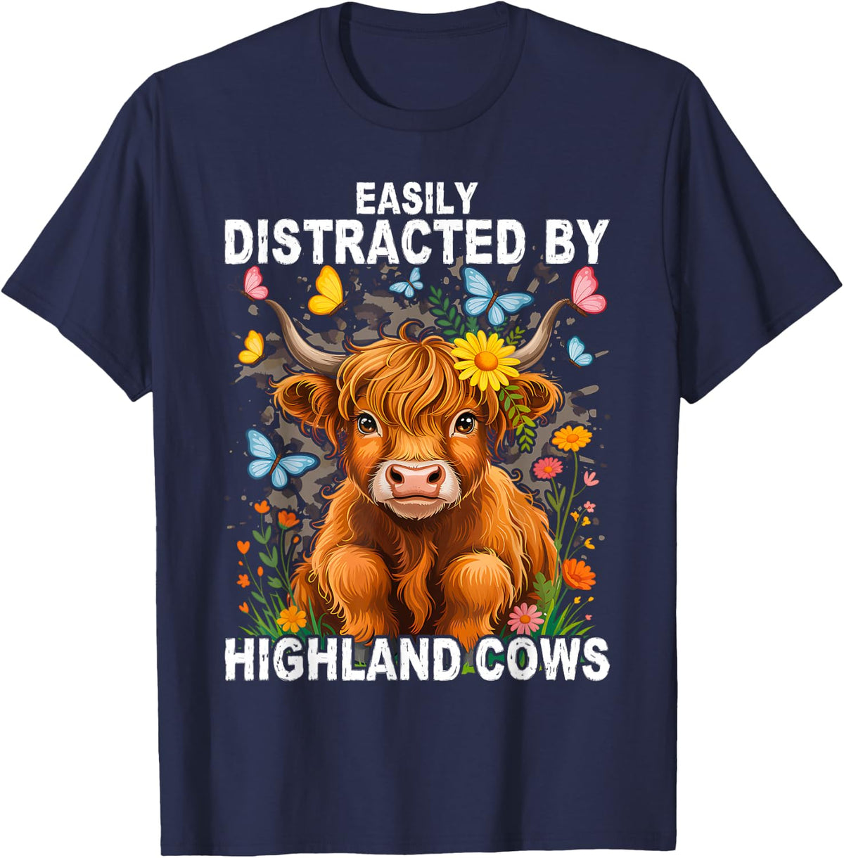Easily Distracted by Highland Cows Leopard Cheetah Trendy T-Shirt - Navy Blue