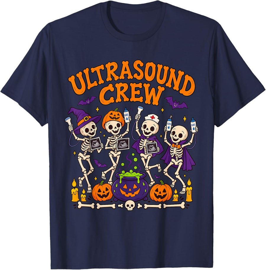 Ultrasound Crew Dancing Skeletons Halloween Party T-Shirt - Navy Blue