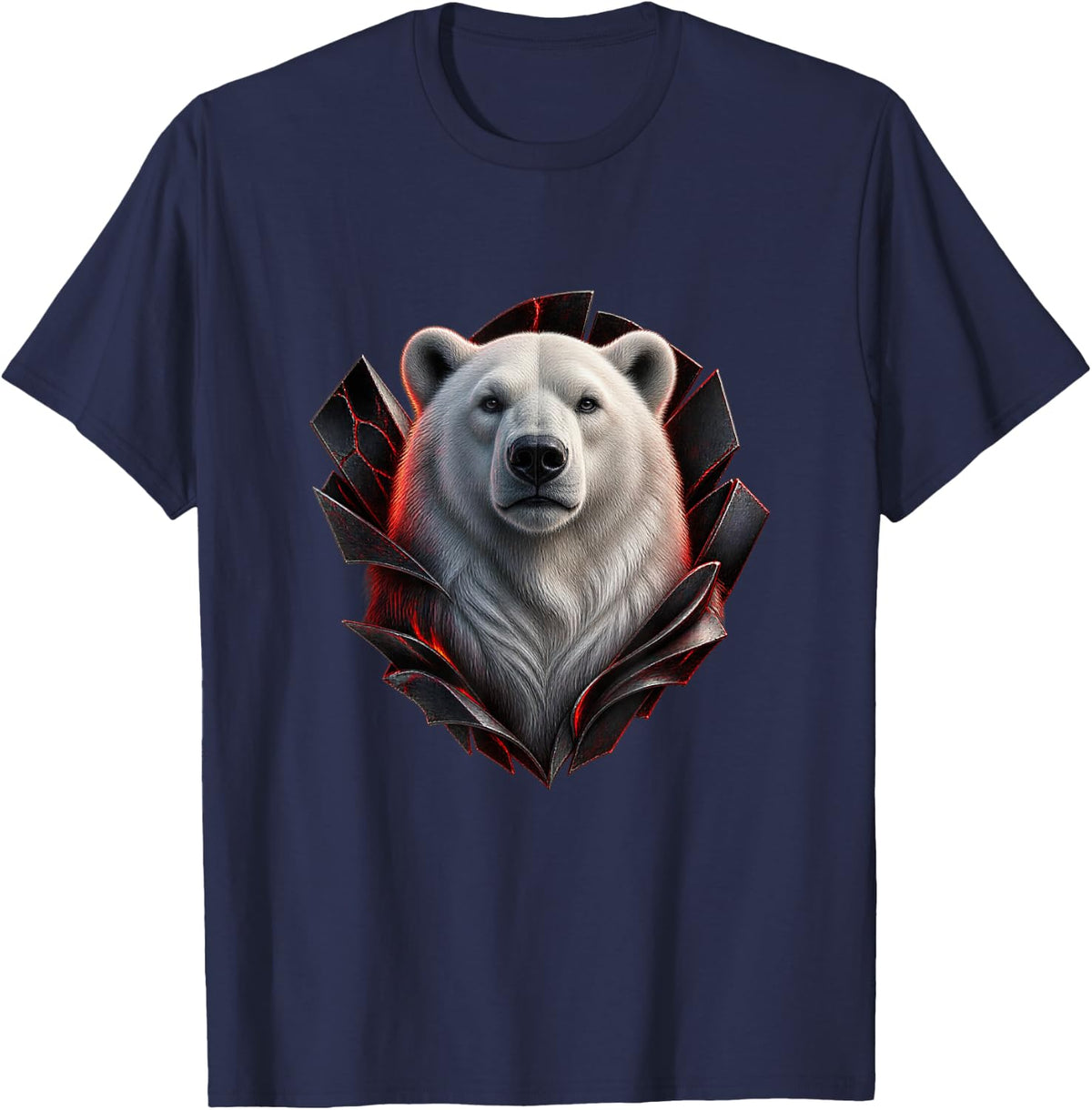Polar Bear with Cracked Black Lacquer Fan Arctic Art T-Shirt - Navy Blue