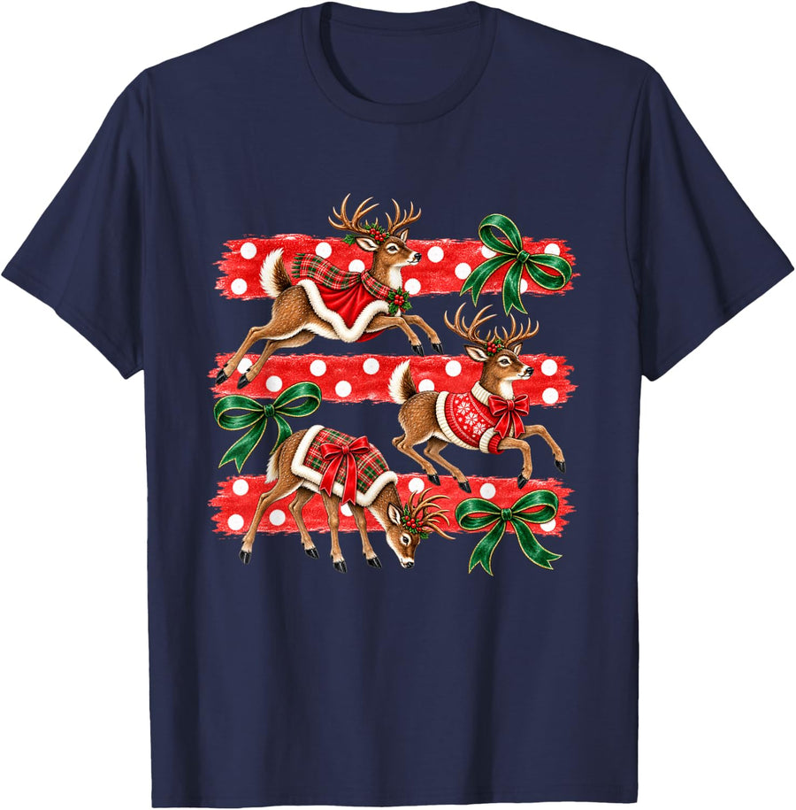 Christmas Reindeer Plaid Bows Polka Dot Holiday Xmas T-Shirt - Navy Blue