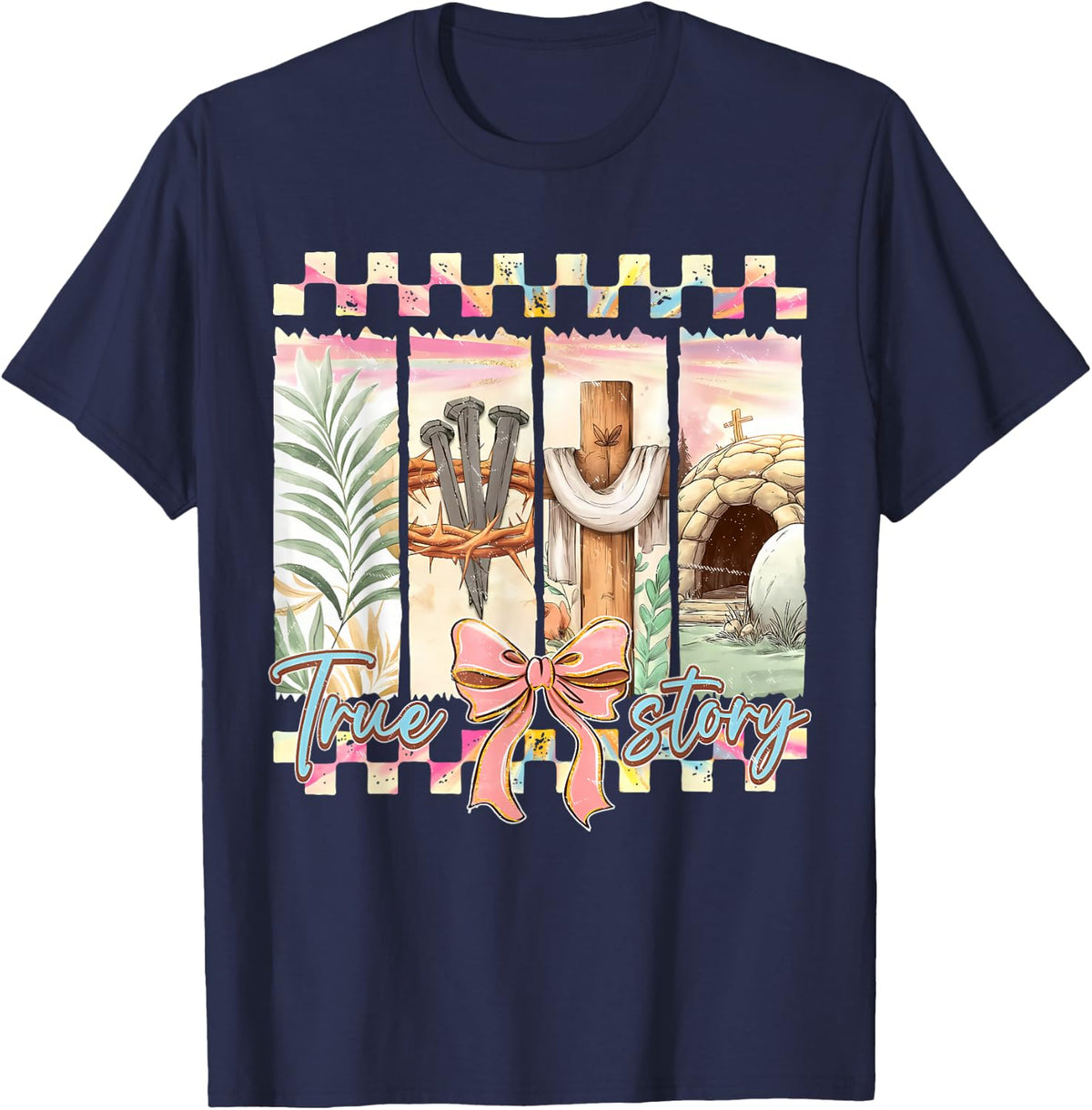 True Story Easter Coquette Bow Spring Christian Faith Women T-Shirt - Navy Blue
